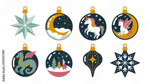 Festive Ornaments Collection: a delightful assortment of whimsical ornaments ready to infuse joy into your holiday decorations. Featuring a star, moon, unicorn, dragon, and snowflake.