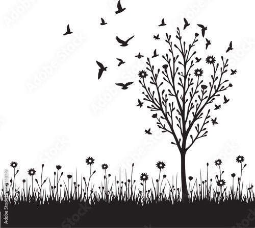 Flock of Birds Flying in Diagonal Formation Above Lone Tree and Grass Silhouette