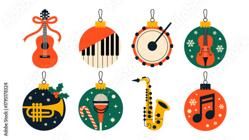 Festive Melody: A collection of charming Christmas ornaments adorned with musical instruments, representing the joy and harmony of the holiday season.