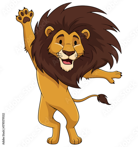 Happy cartoon lion waving with excitement, full of friendly energy