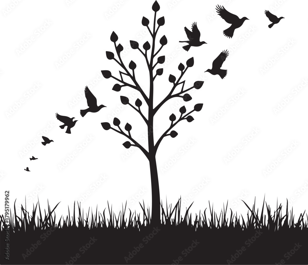 Obraz premium Decorative Floral Tree Silhouette with Flying Birds and Grass in Elegant Nature Artwork