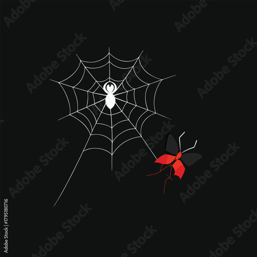 Vector illustration depicting the natural struggle for survival, featuring a spider on its intricate web with a newly captured butterfly as prey