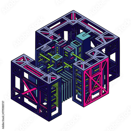 Abstract isometric illustration of a complex futuristic mechanical structure with intricate details and vibrant colors.