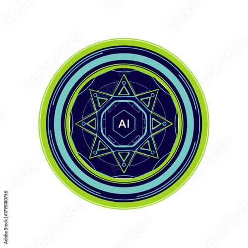 Abstract circular graphic design featuring geometric patterns and the letters AI, symbolizing artificial intelligence and technology.