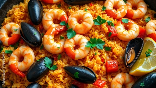 Spanish seafood paella with shrimp, mussels, and peppers on a plate.