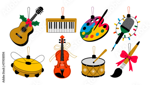 Ornaments of Artistic Expressions: Festive ornaments showcase the beauty of musical instruments and artistic tools. Each ornament hangs with elegant string.