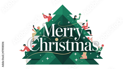 Christmas Celebration: A vibrant holiday illustration features a stylized Christmas tree, adorned with cheerful figures, celebrating the spirit of the season with a festive Merry Christmas greeting.