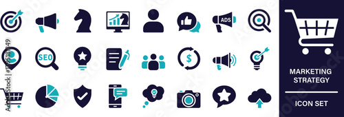 Simple marketing strategy vector set featuring planning, research, segmentation, and business growth elements. Ideal for campaign design, corporate presentations, and strategic workflow projects.