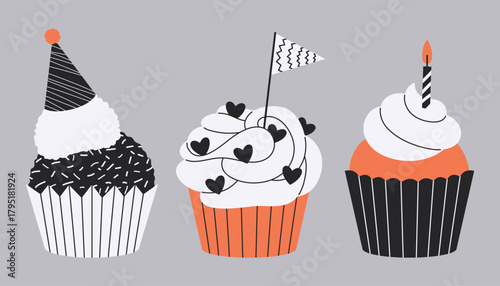Set of party cupcake. Ideal for birthday cards, invitations and bakery menus.