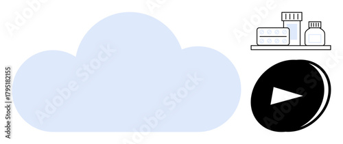Blue cloud alongside medications on a shelf and play button. Ideal for healthcare, digital records, telemedicine, cloud technology, digital health, pharmacy services, online access, simple flat