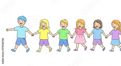A cheerful line of diverse children walking and holding hands together.