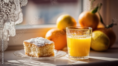 Bright breakfast scene of juice lemon cake and fresh oranges