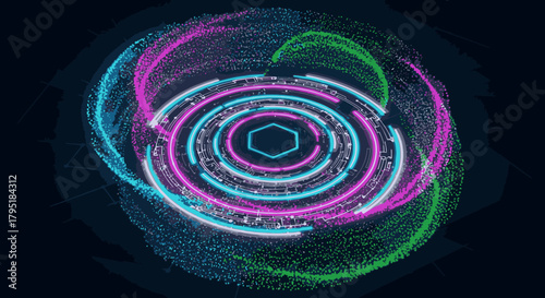 A vibrant, futuristic digital display featuring glowing neon rings and swirling particle effects, representing data flow or advanced technology.