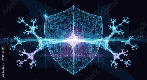 Abstract digital shield with fractal branches symbolizes futuristic cybersecurity and advanced technological defense systems.