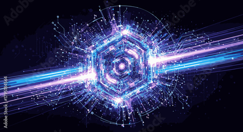 An abstract digital illustration showcases a vibrant, futuristic hexagon core emitting energetic rays and intricate network connections against a dark backdrop.