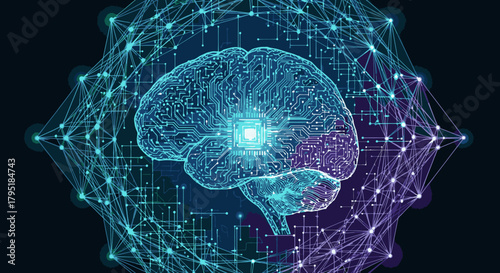 A futuristic digital brain glows with intricate neural networks, symbolizing advanced artificial intelligence and complex thought processes within a technological framework.