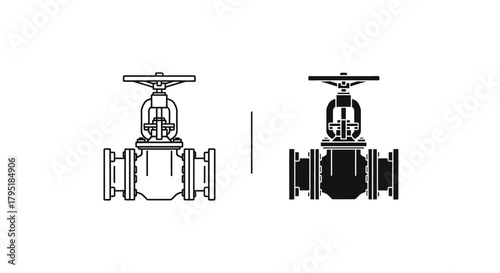Two stylized illustrations of a gate valve, one in outline and the other in silhouette, presented side-by-side.