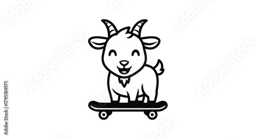 Cute cartoon goat with horns standing on a skateboard, smiling, in a black and white line art style.