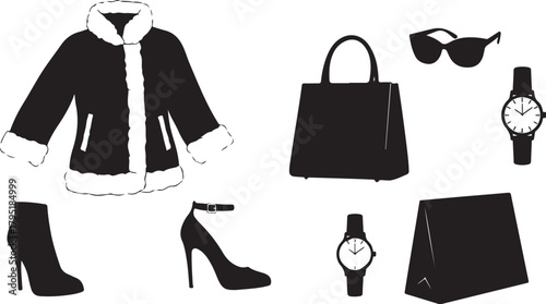Curated collection of modern women's fashion and essential accessories, featuring elegant coats, chic footwear, and stylish bags in monochrome silhouette