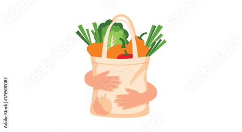 A pair of arms lovingly hugs a reusable canvas tote bag filled with fresh vegetables like peppers and lettuce.
