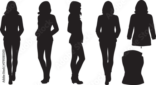 Silhouettes of women in various poses, showcasing fashion and casual attire against a white background