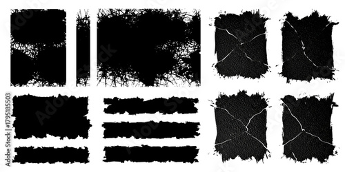 Vector set of abstract grunge textures, cracked glass effect elements, rough ink banners, and distressed black design shapes.
