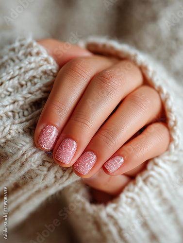 Nail Art Elegance: A close-up shot of a hand with elegant nail art, highlighting the refined texture of a sweater. 