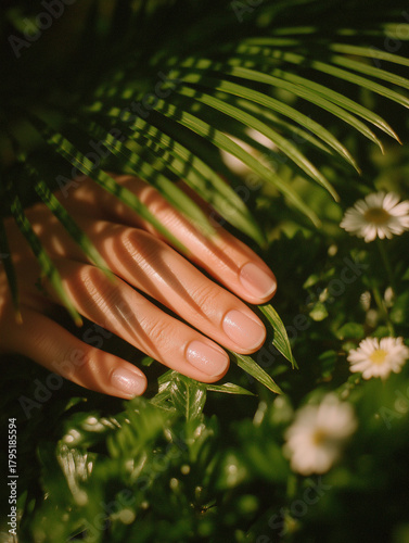 Embracing Nature's Touch: A gentle hand delicately caresses lush green foliage and wildflowers in a close-up, invoking a sense of tranquility and connection with nature's beauty.