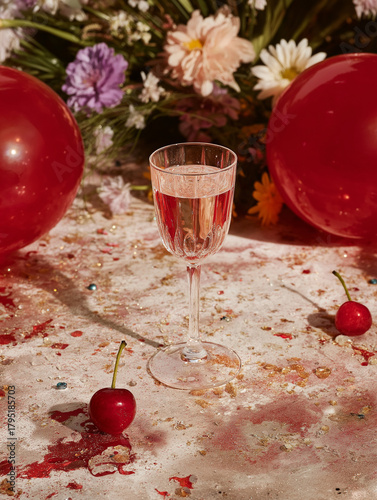 Celebration in Bloom: A close-up shot of a single wine glass, partially filled with a pink beverage, sits amidst scattered confetti and two cherry fruits. Two balloons and an array of flowers.