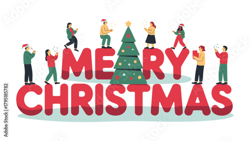 Christmas Joyful Gathering: A festive composition celebrates the holiday spirit, with individuals gathered amidst the bold message MERRY CHRISTMAS, creating a scene of joyful togetherness.