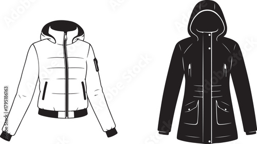 Winter Coats Line Art Fashionable Outerwear Illustrations for Apparel Design