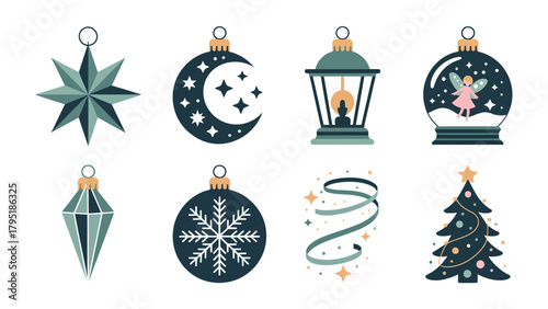 Festive Ornaments: A collection of charming ornaments, including a star, a crescent moon, a lantern, a snow globe, a diamond, a snowflake, a ribbon, and a Christmas tree.