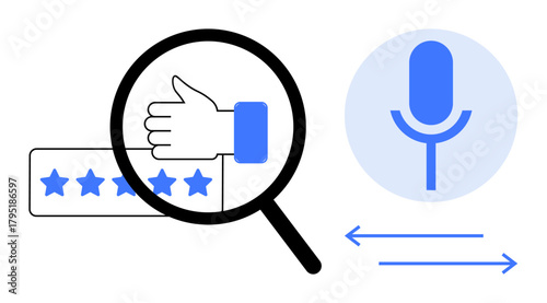 Magnifying glass highlighting thumb up and star ratings represents review assessment. Microphone suggests voice feedback. Ideal for online rating, quality control, voice review, customer feedback