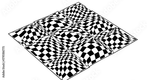 Hypnotic Abstract Black and White Checkerboard Graphic Creating a Stunning Optical Illusion of Warped Surfaces, a Dynamic Geometric Visual Challenging Perception and Depth