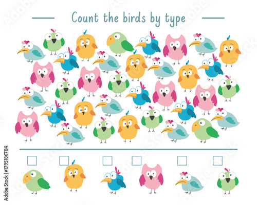 Math game for children with cute cartoon birds, Logical activities for kids, Count the number of birds. Vector illustration.