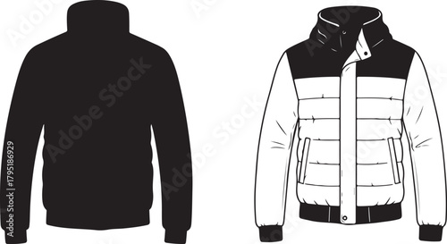 Two jacket designs Black silhouette and color block illustration, perfect for fashion apparel concepts and design