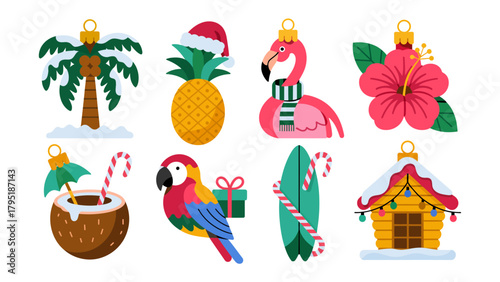 Tropical Christmas Ornaments: A collection of vibrant tropical-themed Christmas ornaments, each one a festive fusion of holiday cheer and exotic allure.