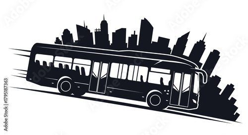 Dynamic city bus speeds through urban skyline silhouette, capturing modern transportation and metropolitan energy
