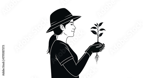 Joyful gardener carefully holds a young plant seedling with roots, symbolizing growth and new beginnings in a hopeful moment.