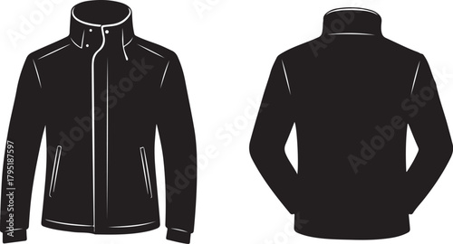 Sleek black jacket vector illustration showcasing both front and back views, a versatile apparel design concept for fashion projects and clothing mockups