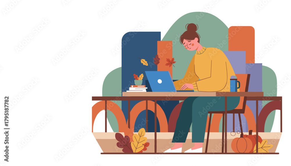 Fototapeta premium Sad woman working remotely on laptop during autumn burnout