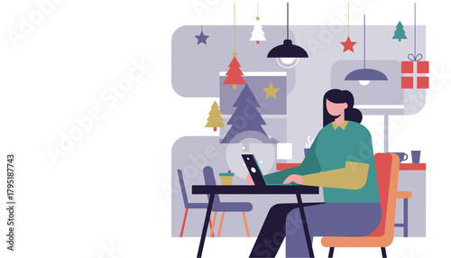 Woman working remotely on a laptop in a festive room decorated for Christmas and winter holidays