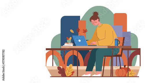 Sad woman working remotely on laptop during autumn burnout