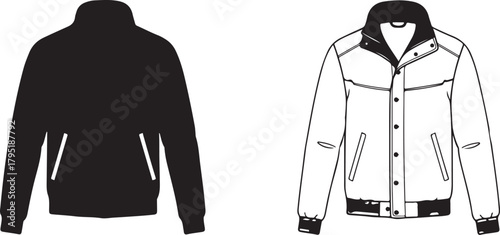 Vector icon set of a winter bomber jacket showing a solid black shape and a detailed line drawing outline for apparel design mockups and fashion concepts