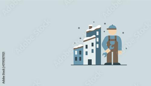 Winter maintenance service Repairman holding wrench next to snowy urban buildings Flat vector illustration