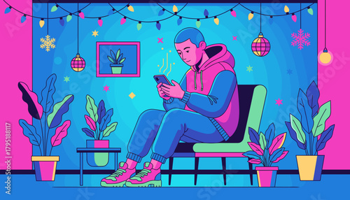 Man uses phone in a vibrant neonlit room with holiday decor Digital communication and modern lifestyle
