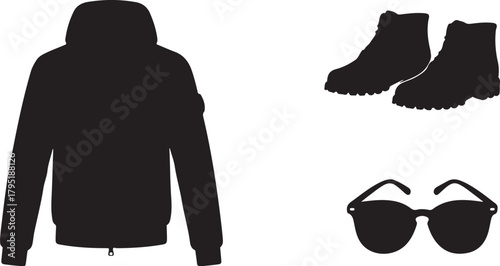 A minimalist black silhouette collection of men's urban fashion essentials. This vector set includes a hooded jacket, sturdy boots, and classic sunglasses for modern style concepts