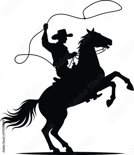 Cowboy Silhouette Roping on a Rearing Horse in Classic Western Action Scene