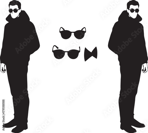 Stylized Silhouette of Two Men with Accessories Bow Tie and Sunglasses