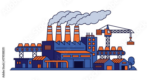 Stylized industrial factory complex with smokestacks pollution and crane Production and industry graphic